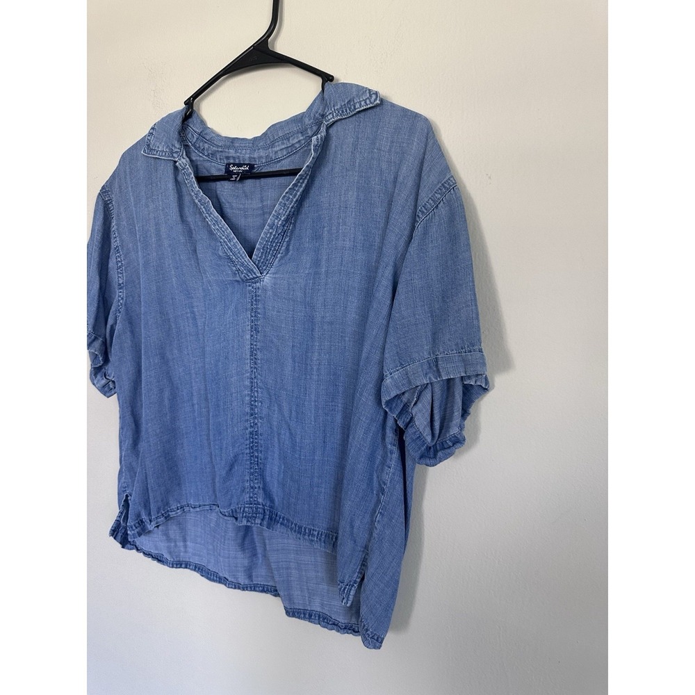 Splendid Denim Chambray Collared Short Sleeve Cropped Blouse Top Size MEDIUM - Picture 3 of 16